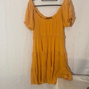 Forever 21 Mustard Mini Dress Size L Off the Shoulder Tiered Ruffles Smock